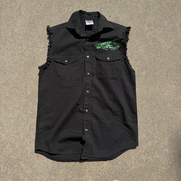 Men's Vintage 2004 Sturgis Bike Week Black Skeleton Flame Cut Off Vest Sz Medium - Picture 5 of 6